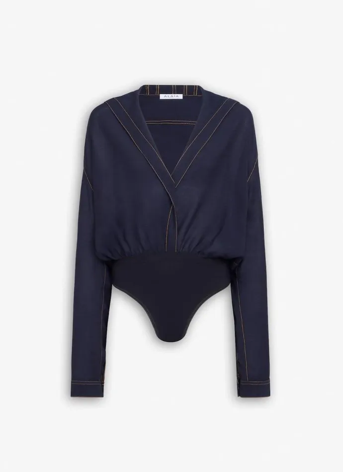 Alaa Bodysuits and Leggings HOODED BODY SHIRT Denim Blue 8211 Women