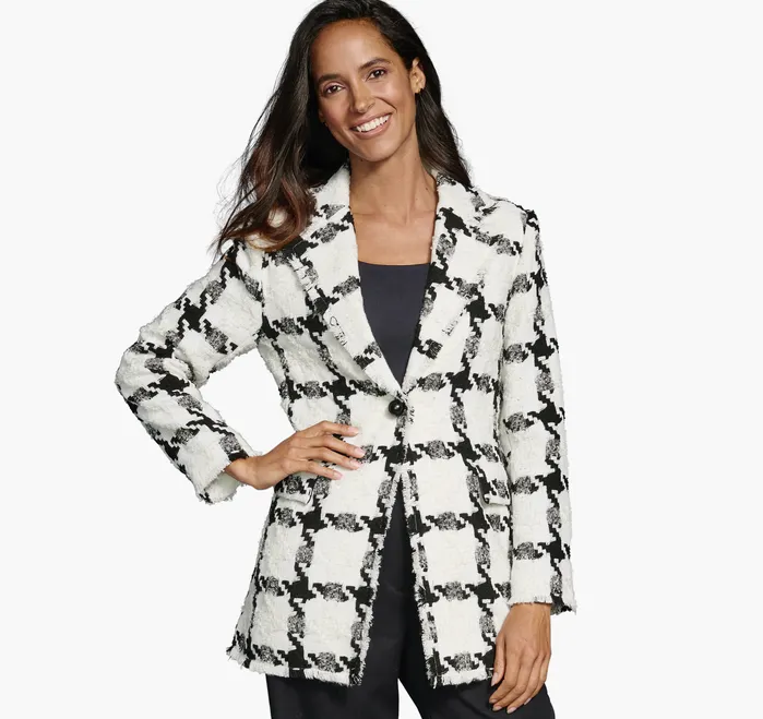 Apparel and Accessories Johnston and Murphy Women Large Houndstooth Tweed Blazer WhiteBlack