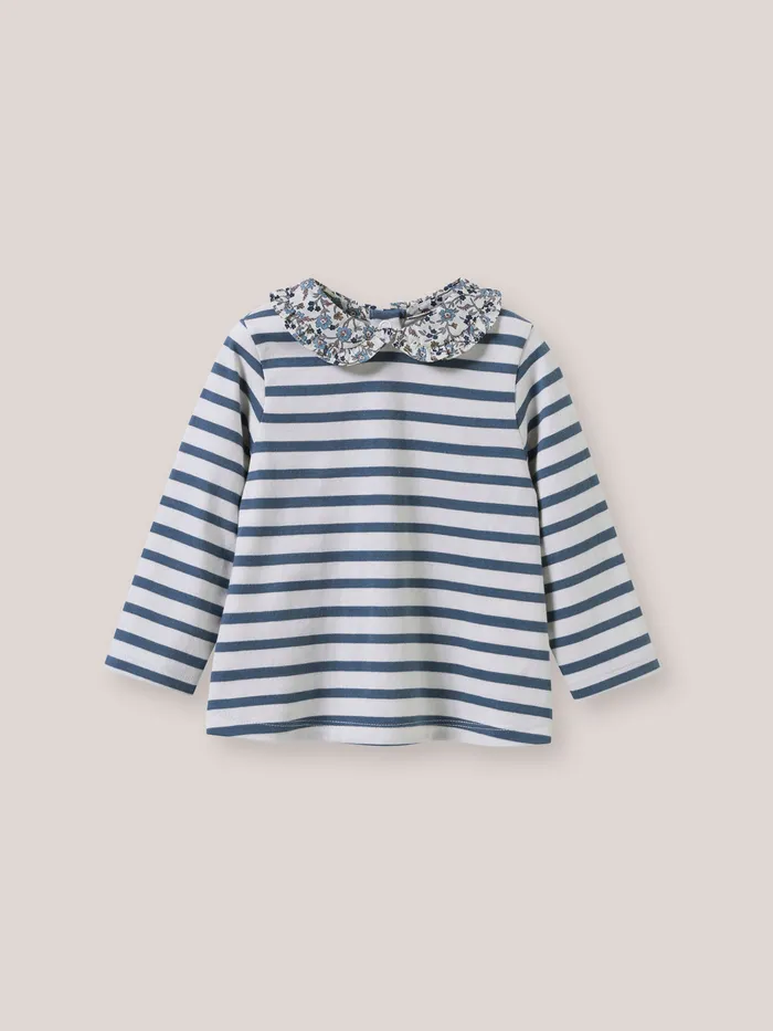 Baby Cyrillus Baby Girl Sripe TShirt Collar Made With Liberty Fabric Rayure Bleuecru