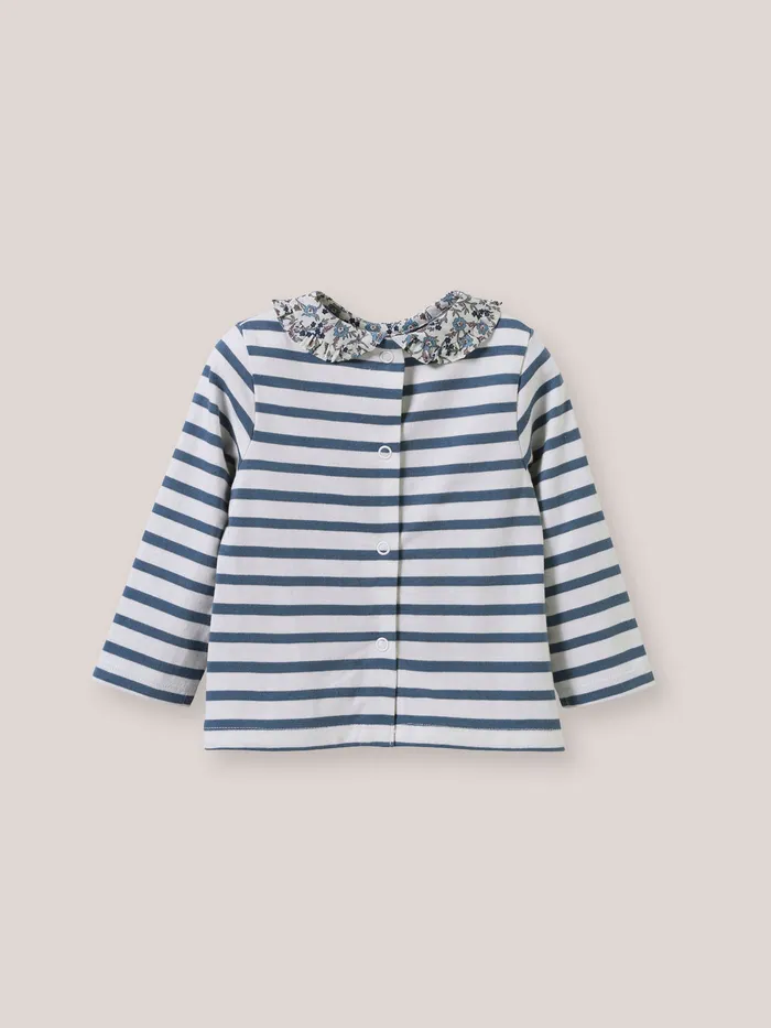 Baby Cyrillus Baby Girl Sripe TShirt Collar Made With Liberty Fabric Rayure Bleuecru