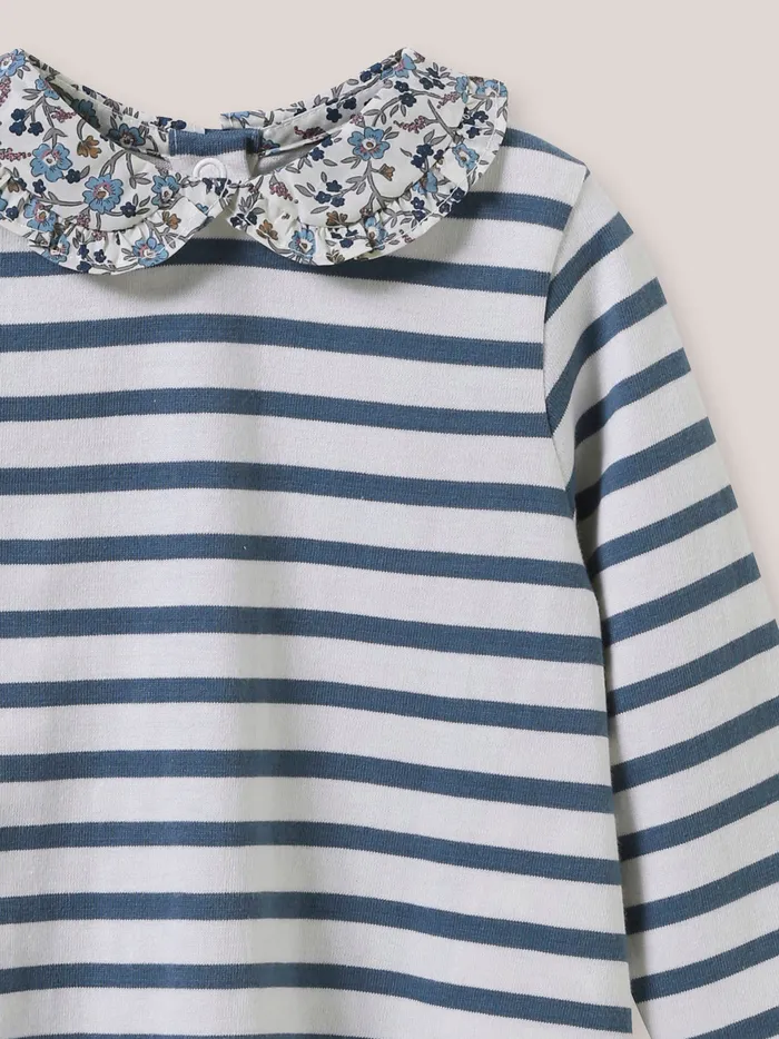 Baby Cyrillus Baby Girl Sripe TShirt Collar Made With Liberty Fabric Rayure Bleuecru