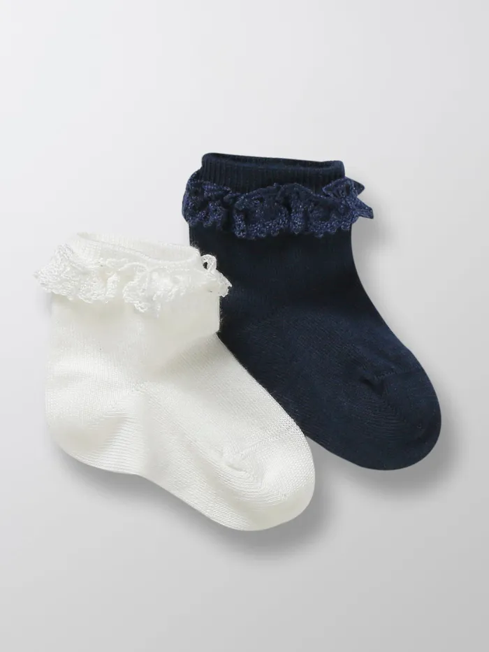 Baby Cyrillus Birth Ankle Socks With Lace Trim Ecru Marine