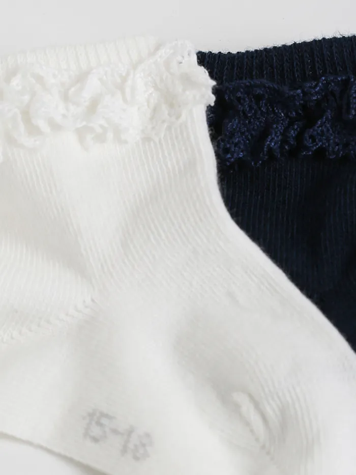 Baby Cyrillus Birth Ankle Socks With Lace Trim Ecru Marine