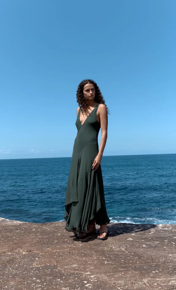Bec Bridge Maxi Dresses ISOLDE V NECK DRESS Bottle Green 8211 Women