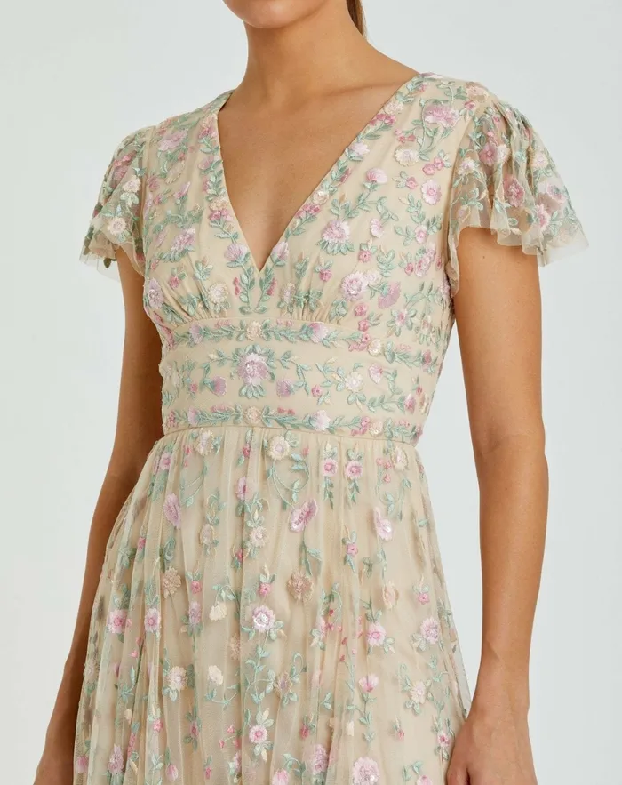 Beige Multicolor Embroidered V Neck Cap Sleeve Midi Dress Nude Multi Cocktail Dresses Mac Duggal Women