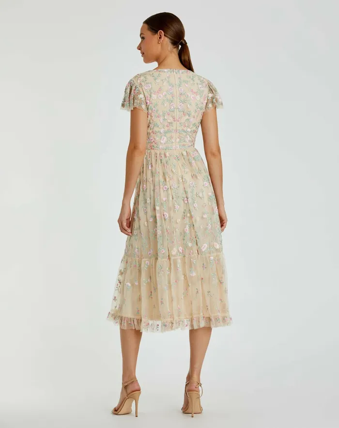 Beige Multicolor Embroidered V Neck Cap Sleeve Midi Dress Nude Multi Cocktail Dresses Mac Duggal Women