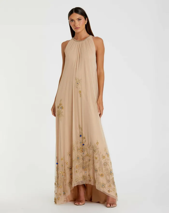 Best Sellers High Neck Floral Embellished Trapeze Dress Nude Gold Mac Duggal Women