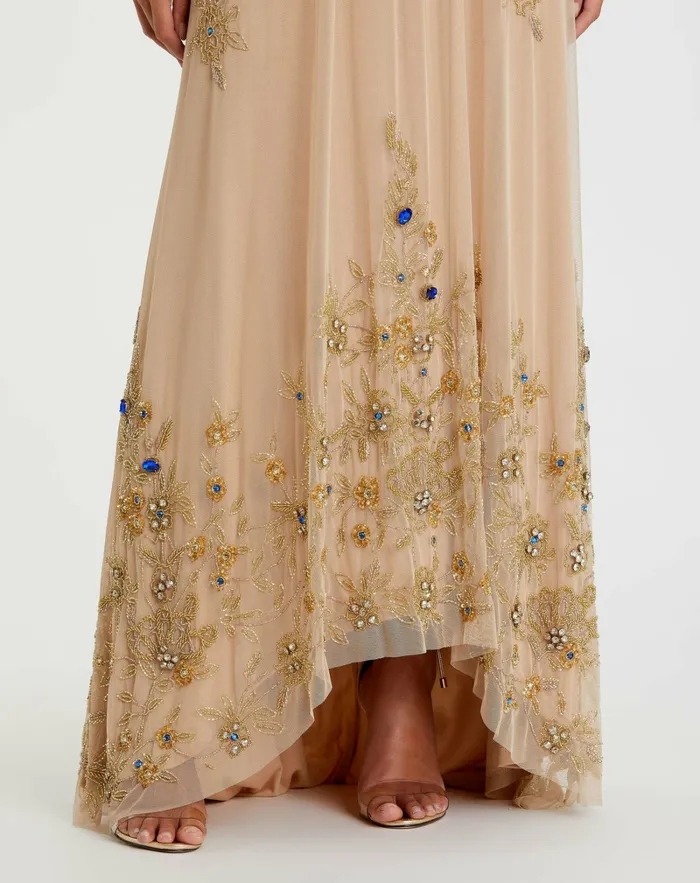 Best Sellers High Neck Floral Embellished Trapeze Dress Nude Gold Mac Duggal Women