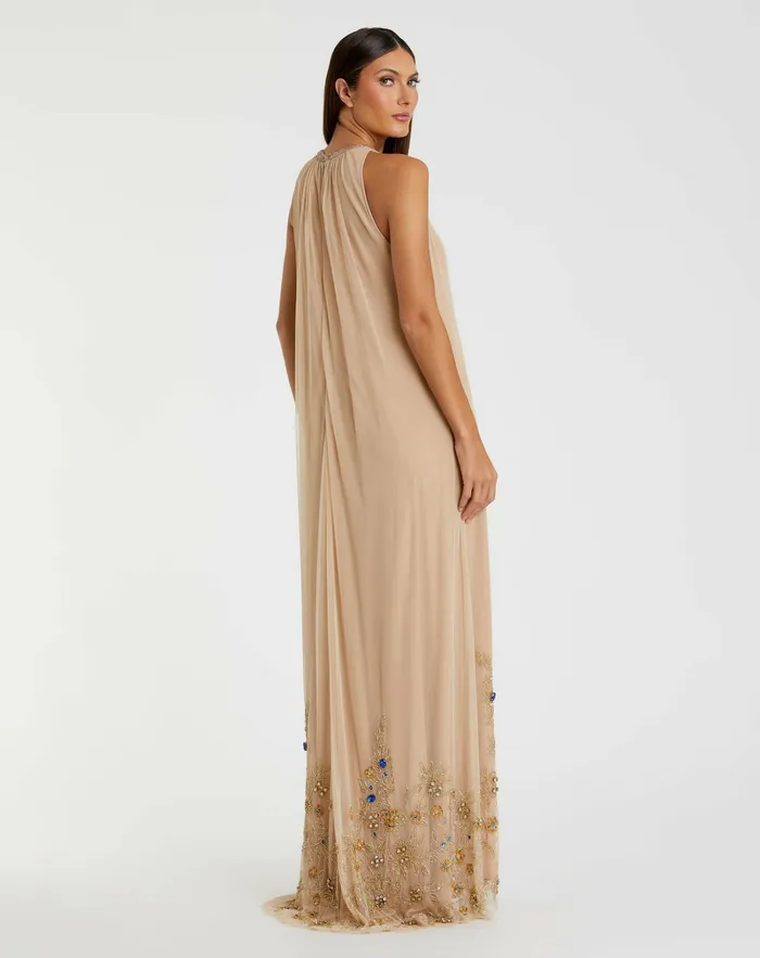 Best Sellers High Neck Floral Embellished Trapeze Dress Nude Gold Mac Duggal Women