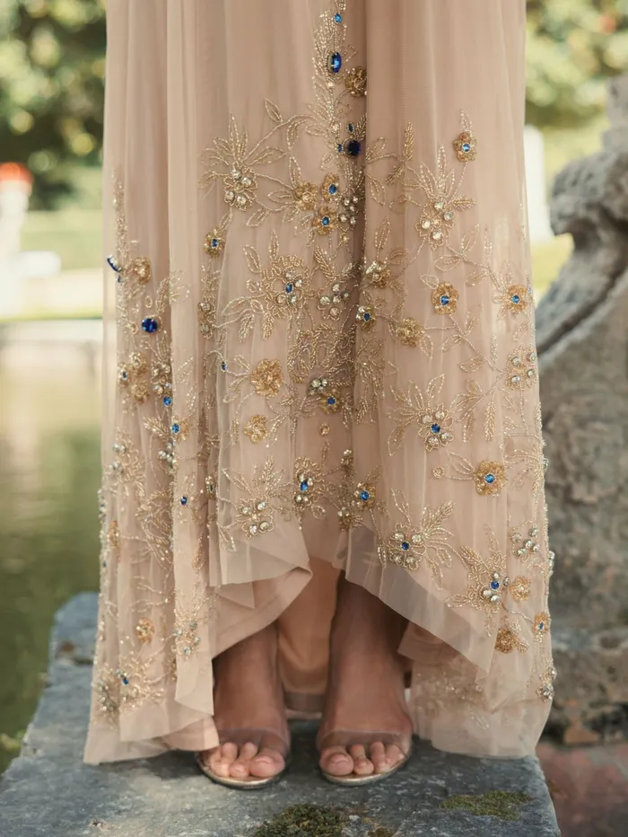 Best Sellers High Neck Floral Embellished Trapeze Dress Nude Gold Mac Duggal Women
