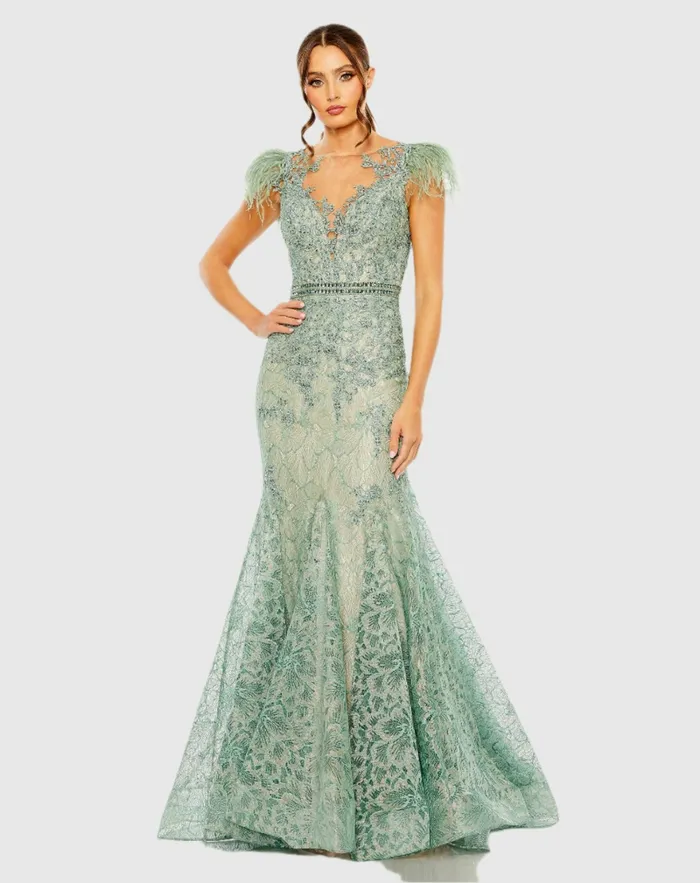 Best Sellers Mac Duggal Women Embellished Feather Cap Sleeve Illusion Neck Trumpet Gown Sage Best Sellers Mac Duggal Women Embellished Feather Cap Sleeve Illusion Neck Trumpet Gown Sage