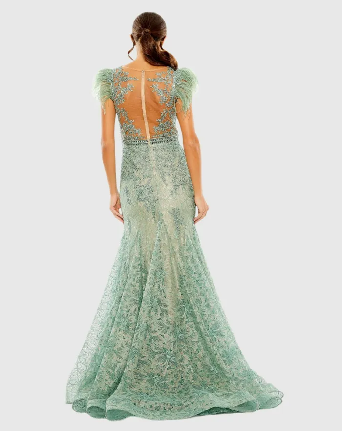 Best Sellers Mac Duggal Women Embellished Feather Cap Sleeve Illusion Neck Trumpet Gown Sage