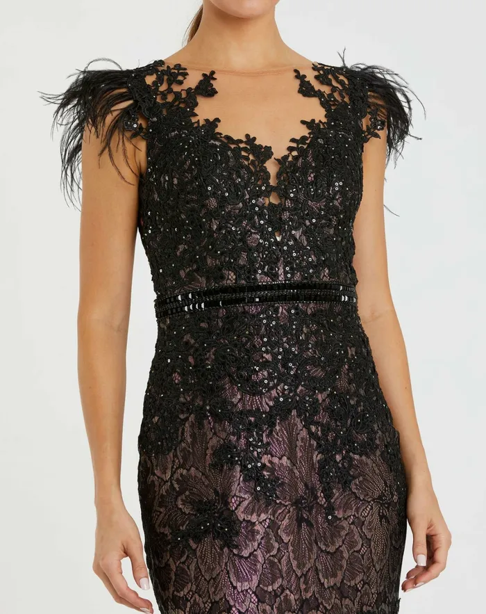 Best Sellers Mac Duggal Women Embellished Feather Cap Sleeve Illusion Neck Trumpet Gown Sage