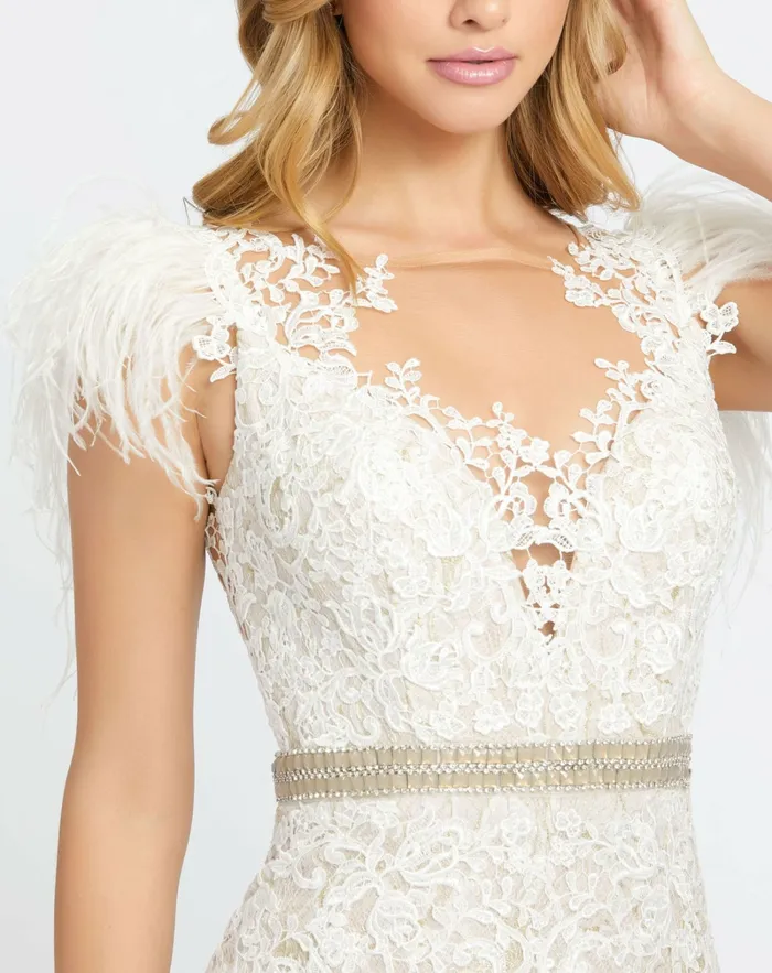 Best Sellers Mac Duggal Women Embellished Feather Cap Sleeve Illusion Neck Trumpet Gown Sage