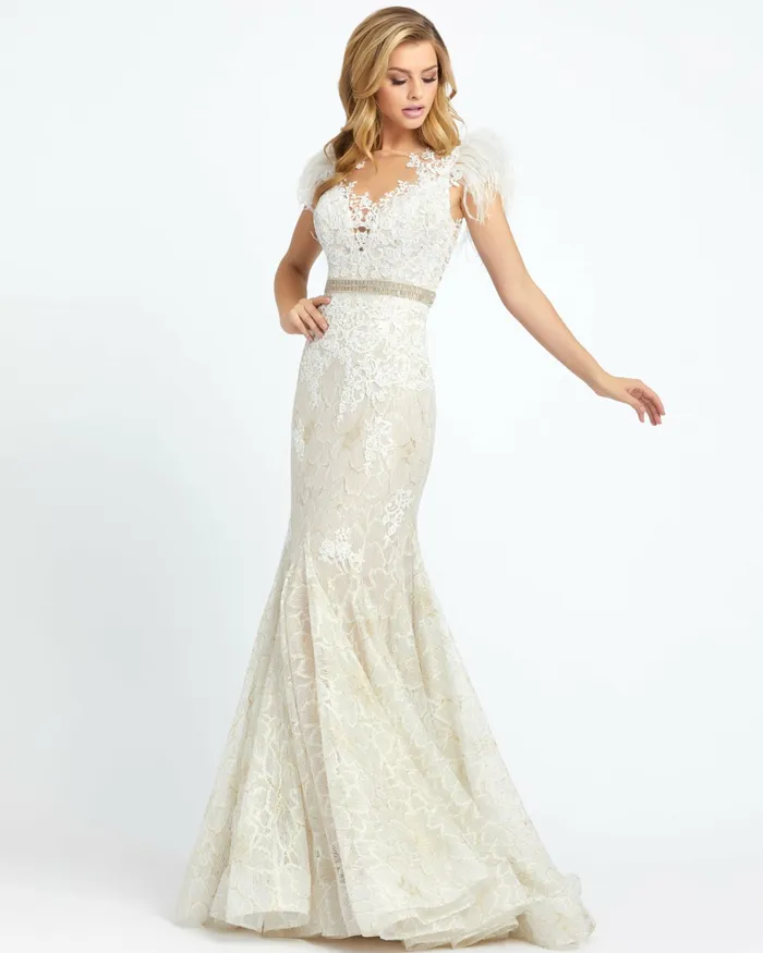 Best Sellers Mac Duggal Women Embellished Feather Cap Sleeve Illusion Neck Trumpet Gown Sage