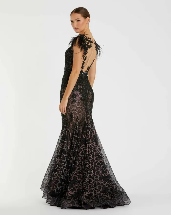 Best Sellers Mac Duggal Women Embellished Feather Cap Sleeve Illusion Neck Trumpet Gown Sage