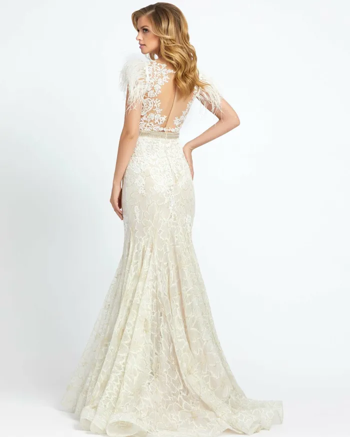 Best Sellers Mac Duggal Women Embellished Feather Cap Sleeve Illusion Neck Trumpet Gown Sage