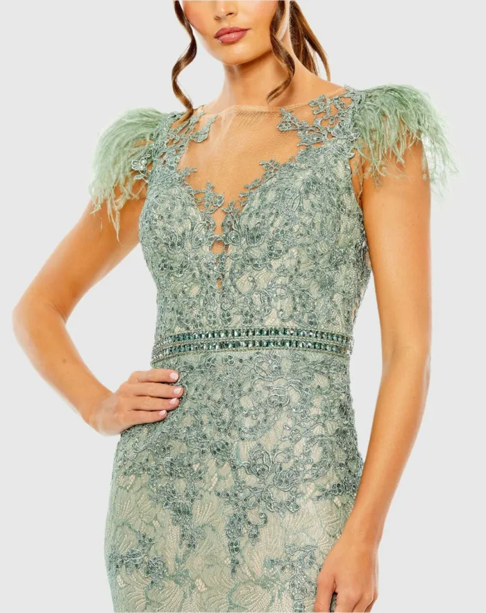 Best Sellers Mac Duggal Women Embellished Feather Cap Sleeve Illusion Neck Trumpet Gown Sage