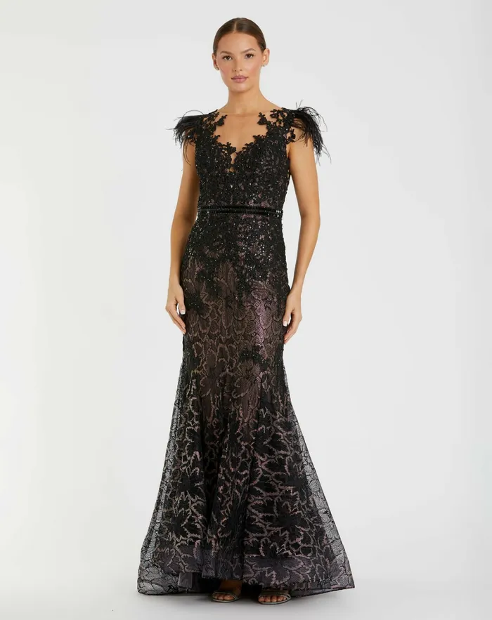 Best Sellers Mac Duggal Women Embellished Feather Cap Sleeve Illusion Neck Trumpet Gown Sage