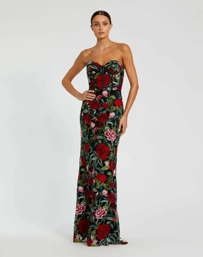 Best Sellers Sheer Bustier Top Floral Applique Gown Black Multi 8211 Mac Duggal Women