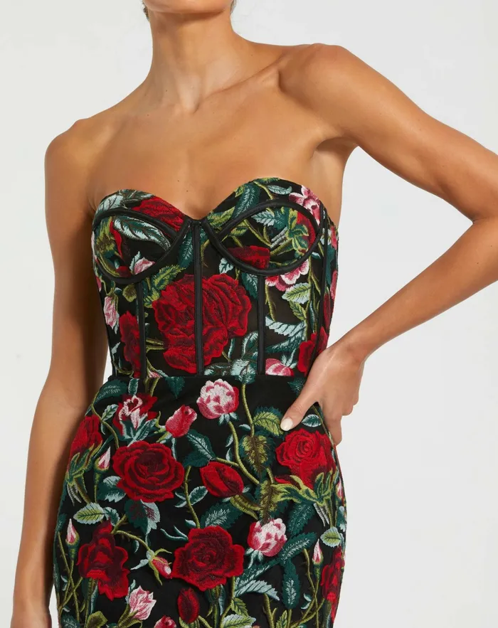 Best Sellers Sheer Bustier Top Floral Applique Gown Black Multi 8211 Mac Duggal Women