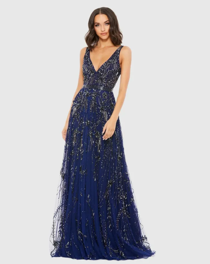 Best Sellers Women VNeck Embellished Tulle Gown Midnight Mac Duggal