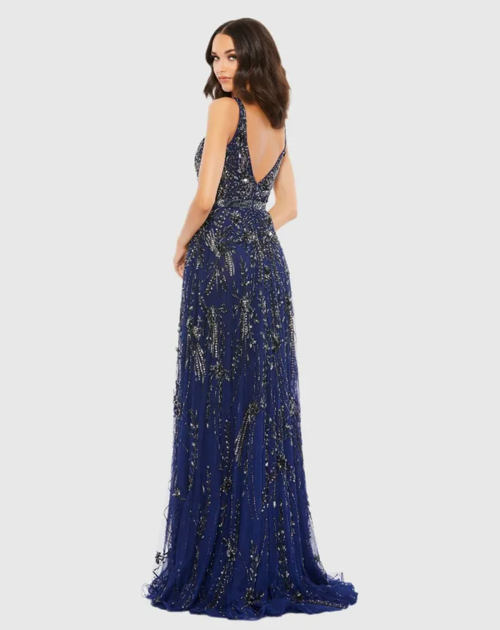 Best Sellers Women VNeck Embellished Tulle Gown Midnight Mac Duggal Best Sellers Women VNeck Embellished Tulle Gown Midnight Mac Duggal