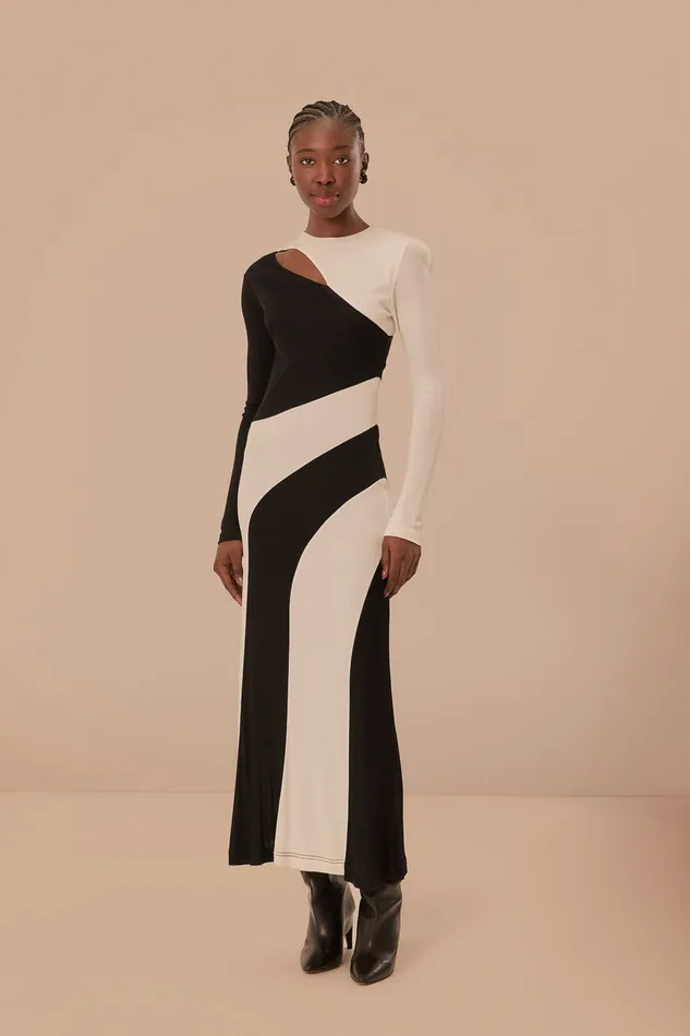 Black And White CutOut Long Sleeve Midi Dress Women Farm Rio Midi Dresses