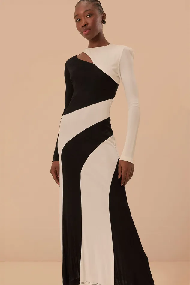 Black And White CutOut Long Sleeve Midi Dress Women Farm Rio Midi Dresses