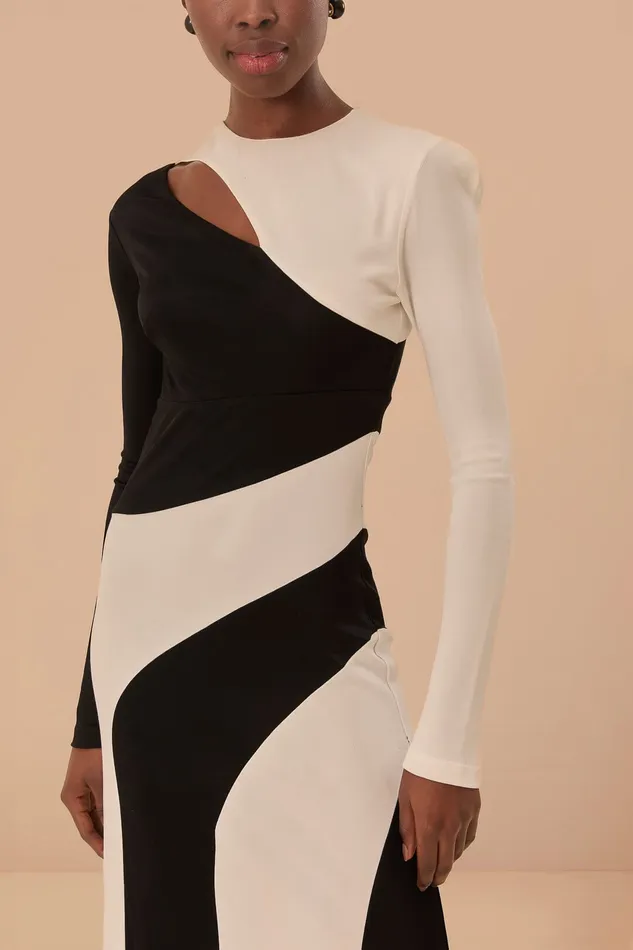 Black And White CutOut Long Sleeve Midi Dress Women Farm Rio Midi Dresses