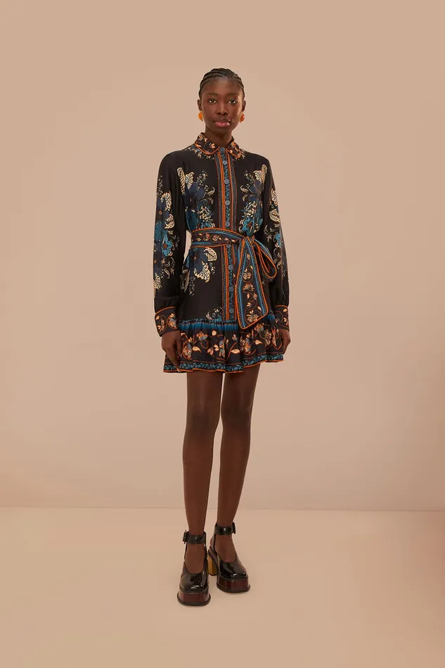 Black Blossom Tapestry Lenzing Ecovero Viscose Mini Dress Women Farm Rio Mini Dresses
