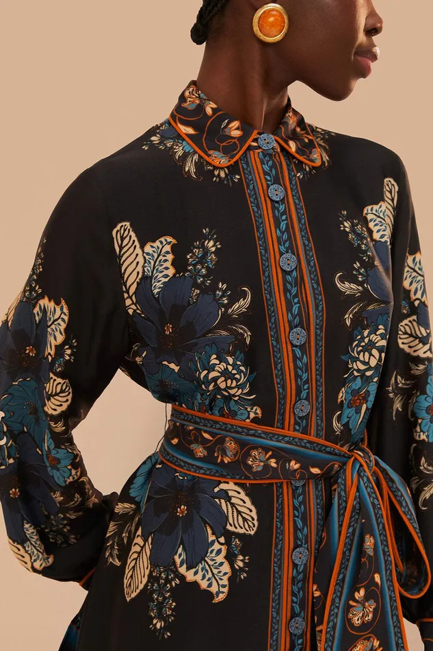Black Blossom Tapestry Lenzing Ecovero Viscose Mini Dress Women Farm Rio Mini Dresses