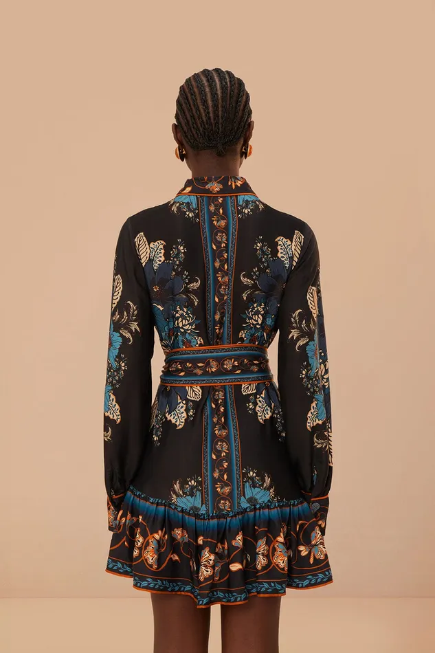 Black Blossom Tapestry Lenzing Ecovero Viscose Mini Dress Women Farm Rio Mini Dresses