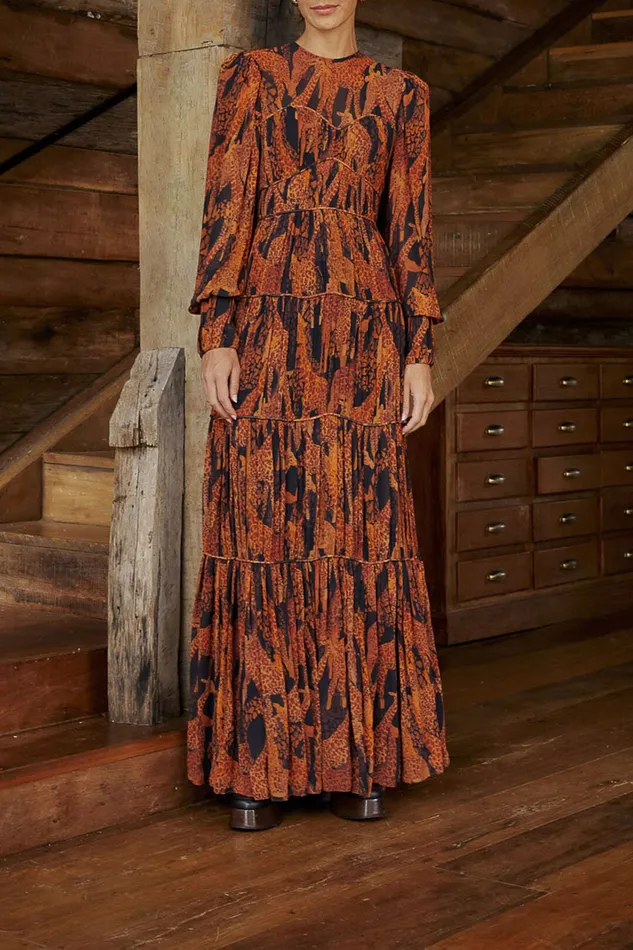 Black Giraffes Puff Sleeve Maxi Dress Women Farm Rio Maxi Dresses