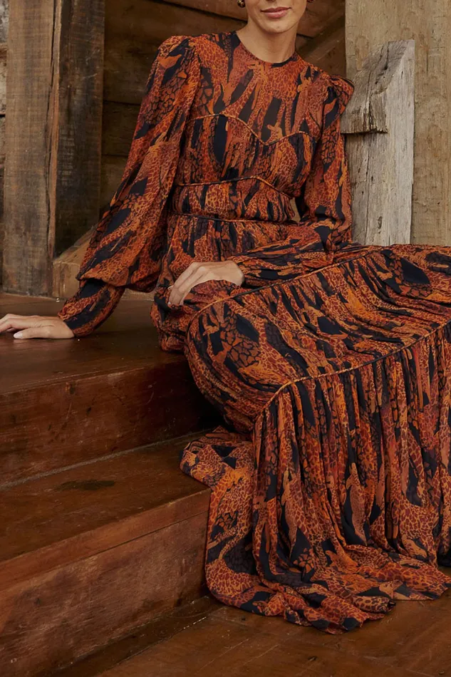 Black Giraffes Puff Sleeve Maxi Dress Women Farm Rio Maxi Dresses