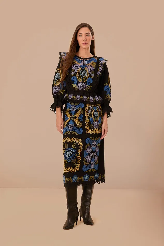 Black Richelieu Midi Skirt Women Farm Rio Skirts