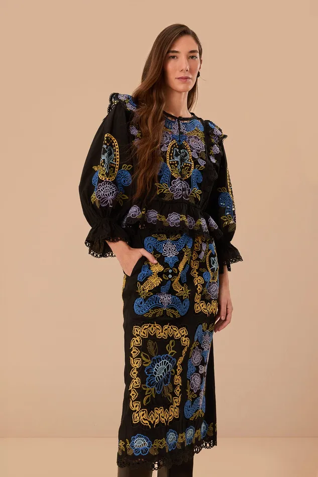 Black Richelieu Midi Skirt Women Farm Rio Skirts