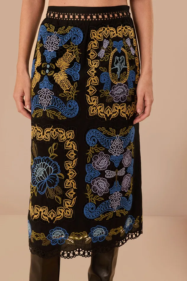 Black Richelieu Midi Skirt Women Farm Rio Skirts