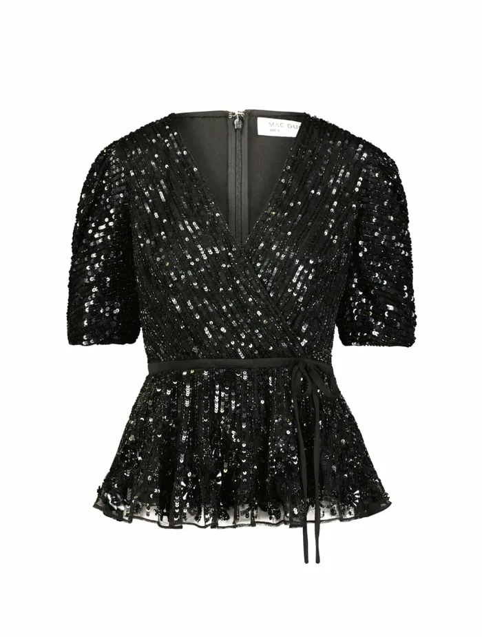 Blouses and Tops Sequined Puff Sleeve Faux Wrap Top Black 8211 Mac Duggal Women