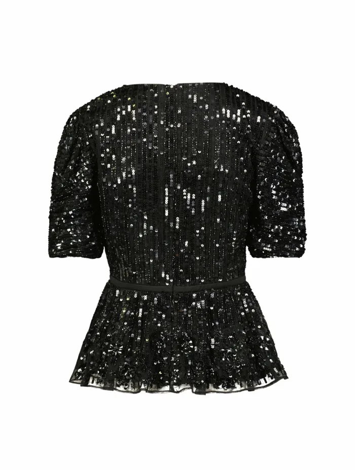 Blouses and Tops Sequined Puff Sleeve Faux Wrap Top Black 8211 Mac Duggal Women