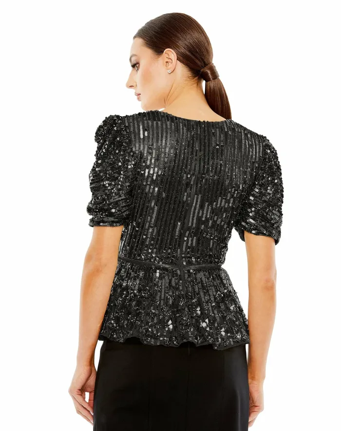Blouses and Tops Sequined Puff Sleeve Faux Wrap Top Black 8211 Mac Duggal Women