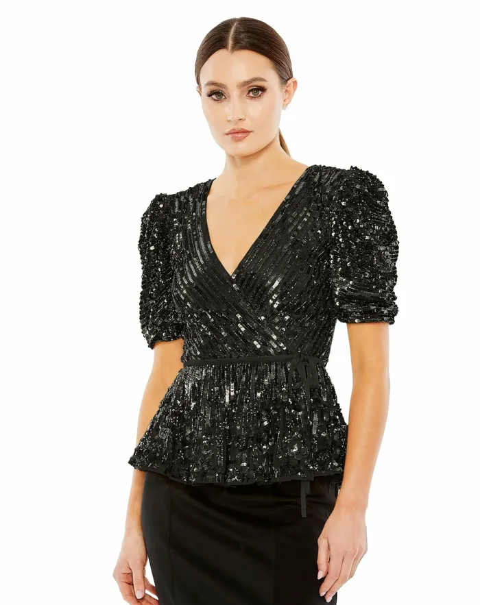 Blouses and Tops Sequined Puff Sleeve Faux Wrap Top Black 8211 Mac Duggal Women