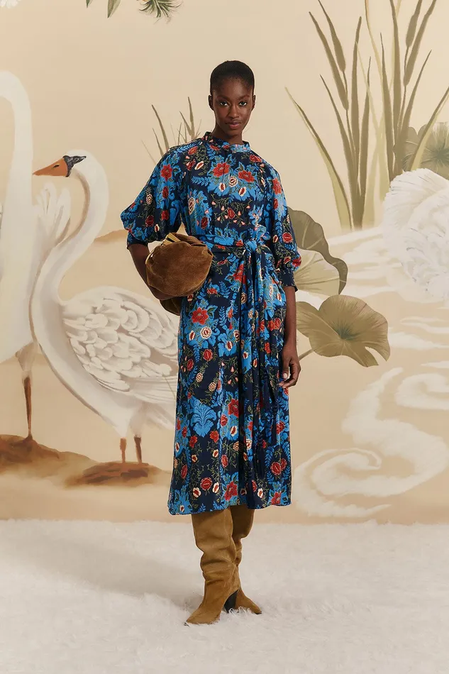 Blue Arabesque Floral Midi Dress Women Farm Rio Midi Dresses
