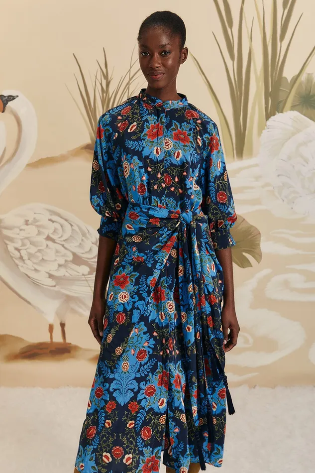 Blue Arabesque Floral Midi Dress Women Farm Rio Midi Dresses