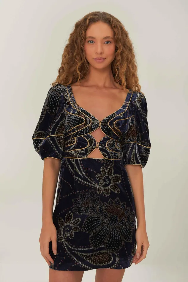 Blue Floral Glam Scarf Velvet Mini Dress Women Farm Rio Mini Dresses