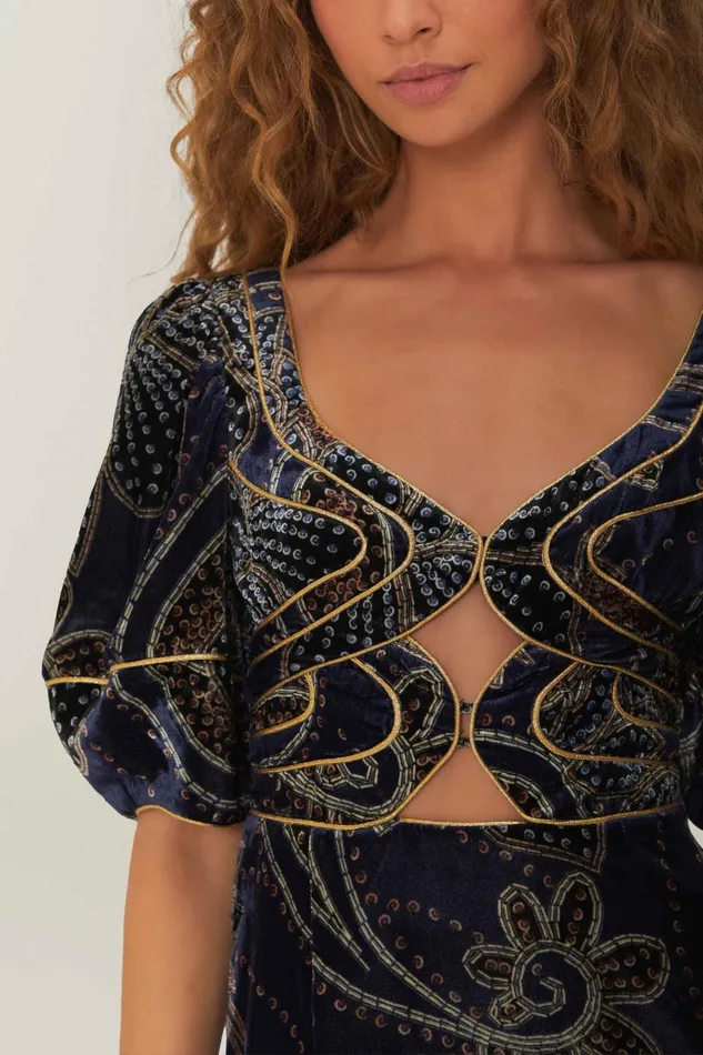 Blue Floral Glam Scarf Velvet Mini Dress Women Farm Rio Mini Dresses
