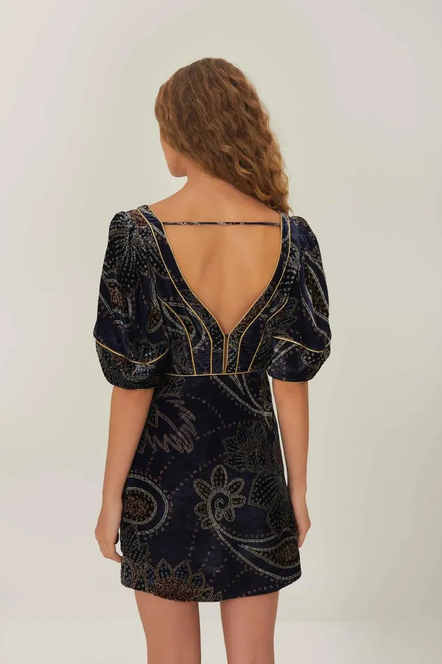 Blue Floral Glam Scarf Velvet Mini Dress Women Farm Rio Mini Dresses