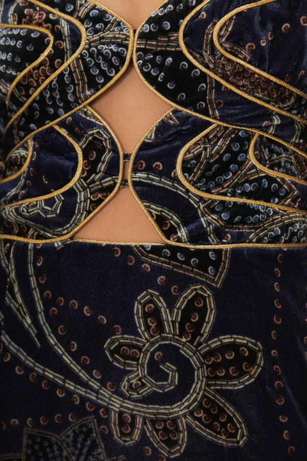 Blue Floral Glam Scarf Velvet Mini Dress Women Farm Rio Mini Dresses