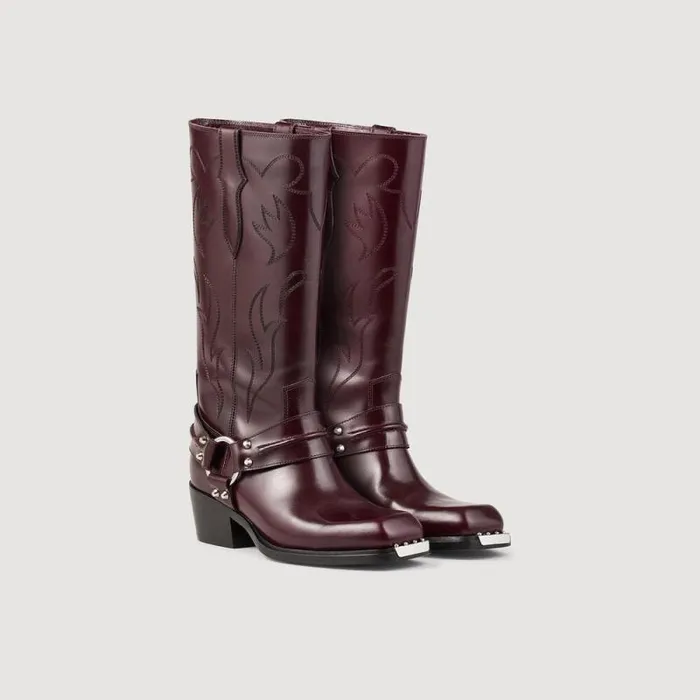 Boots Women SANDRO Western Boots With Square Toe Burgundy