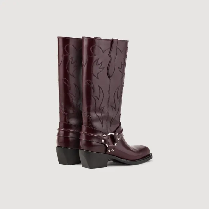 Boots Women SANDRO Western Boots With Square Toe Burgundy